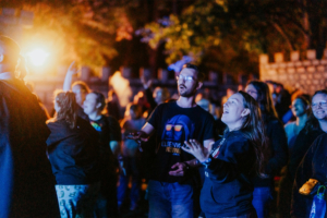 Menschenmenge beim Elbenwald Festival, die sich zur Musik begeistert. Die Atmosphäre ist lebhaft und voller Energie, mit bunten Lichtern und fröhlichen Gesichtern. Fans in Nerd-Kleidung genießen gemeinsam ein unvergessliches Erlebnis unter dem Sternenhimmel.