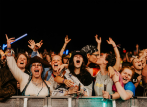 Nerds at Raves live Menschenmenge beim Elbenwald Festival, die ausgelassen feiert. Teilnehmer in Kostümen zeigen Freude und Begeisterung, während sie die Musik genießen. Die Atmosphäre ist lebhaft und bunt, mit leuchtenden Accessoires und fröhlichen Gesichtern.