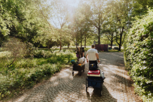 Besucher des Elbenwald Festivals ziehen mit Handwagen voller Ausrüstung und Proviant durch einen sonnigen Parkweg, um das bunte Treiben des Musik- und Nerd-Festivals zu erleben. Grüne Bäume und Sträucher umrahmen die Szene.