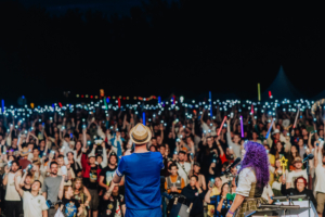 Blick auf die Bühne beim Elbenwald Festival, wo ein begeistertes Publikum mit leuchtenden Stäben und Handys den Auftritt der Künstler feiert. Die Atmosphäre ist lebhaft und voller Energie, während die Nacht hereinbricht.