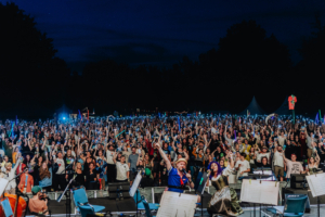 Ein begeistertes Publikum beim Elbenwald Festival, das mit leuchtenden Stäben und Handys in der Nacht feiert. Die Atmosphäre ist lebhaft und bunt, während Künstler auf der Bühne auftreten und die Menge mitreißen.