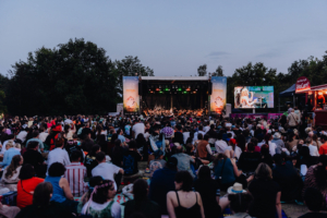 Elbenwald in Concert Blick auf die Bühne des Elbenwald Festivals mit einer großen Menschenmenge, die Musik und Unterhaltung genießt. Bunte Lichter beleuchten die Bühne, während Teilnehmer in Kostümen und lässiger Kleidung entspannen und das Festivalambiente genießen.