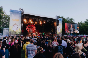 Fiddler's Green Bühne beim Elbenwald Festival 2023 mit der Band Fiddler's Green, während die Menge begeistert zuschaut. Im Hintergrund sind Festivalbanner und eine große Leinwand zu sehen, die die Live-Performance zeigt. Ein lebendiges Event voller Musik und Community.