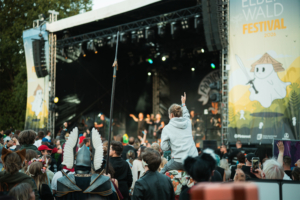 Fiddler's Green Eine lebendige Festivalatmosphäre beim Elbenwald Festival 2026, mit Zuschauern in kreativen Kostümen, die vor der Bühne feiern. Im Hintergrund sind Musiker auf der Bühne zu sehen, während die Menge begeistert mitfiebert.