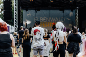 K-Pop-Dance Festivalbesucher in kreativen Outfits genießen die Atmosphäre auf der Bühne beim Elbenwald Festival. Die Menge ist gespannt auf die nächste Darbietung, während die Veranstaltung eine Mischung aus Musik und Nerd-Kultur bietet.