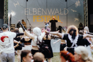 K-Pop-Dance Auf der Bühne des Elbenwald Festivals steht ein Performer, während das Publikum in fantasievollen Kostümen begeistert mitmacht. Die Atmosphäre ist lebhaft und kreativ, geprägt von Musik und einer einzigartigen Community.