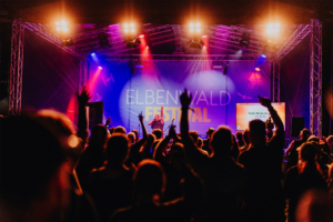 Karaoke Menschenmenge beim Elbenwald Festival, die begeistert zur Musik tanzt. Auf der Bühne steht ein Performer, umgeben von bunten Lichtern. Der Hintergrund zeigt das Logo des Festivals, das eine Mischung aus Musik und Nerdkultur feiert.