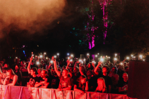 Ein begeistertes Publikum beim Elbenwald Festival, das mit leuchtenden Handys die Atmosphäre anheizt. Die Menge zeigt ihre Freude und Begeisterung während eines musikalischen Auftritts, umgeben von bunten Lichtern und einer festlichen Stimmung.