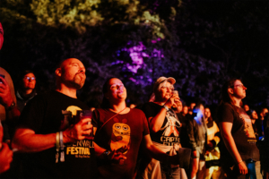 Festivalbesucher genießen die Musik beim Elbenwald Festival, umgeben von bunten Lichtern und einer lebhaften Atmosphäre. Die Menge trägt kreative T-Shirts und hält Getränke in den Händen, während sie das Event in vollen Zügen auskosten.
