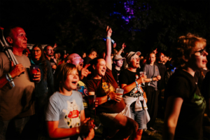 Menschenmenge beim Elbenwald Festival, die ausgelassen Musik genießt. Besucher in bunten T-Shirts und mit Getränken in der Hand feiern gemeinsam. Die Atmosphäre ist lebhaft und voller Freude, während die Nacht zum Leben erwacht.