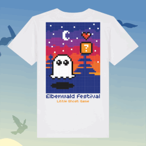 Ghost Kinder T-Shirt - Elbenwald Festival Pixel-Art-Design eines Geistes auf einem T-Shirt für das Elbenwald Festival. Das Bild zeigt einen bunten Nachthimmel mit einem Mond, einem Herz und einem Fragezeichen-Block. Ideal für Fans von Videospielen und Nerd-Kultur.
