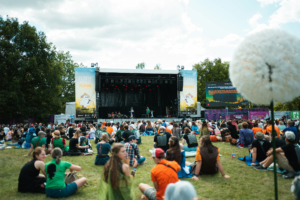Blick auf die Bühne des Elbenwald Festivals, wo eine große Menge von Festivalbesuchern auf dem Gras sitzt. Bunte Kostüme und ein vielfältiges Publikum schaffen eine lebendige Atmosphäre, während Künstler auf der Bühne auftreten.