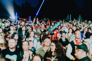 Bunt beleuchtete Festivalbesucher auf dem Elbenwald Festival, die mit leuchtenden Stäben und Kostümen eine lebhafte Atmosphäre schaffen. Die Menschenmenge zeigt eine Mischung aus Freude und Begeisterung für Musik und Nerd-Kultur.