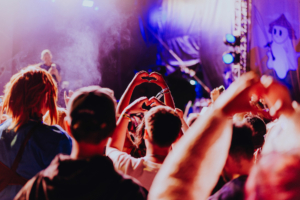 Nerds At Raves Menschenmenge beim Elbenwald Festival, die mit ihren Händen Herzen formen. Die Atmosphäre ist lebhaft und bunt, mit Lichtern und Nebel auf der Bühne, während Musik gespielt wird. Ein Moment der Gemeinschaft und Begeisterung unter den Festivalbesuchern.
