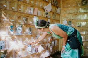Elbenwald Festival Post Eine Frau in einem bunten Kleid mit einer grünen Haarband schaut sich Karten in einer transparenten Wandtafel auf dem Elbenwald Festival an. Die Wand ist mit verschiedenen Karten und Notizen gefüllt, während Licht durch den Raum fällt.