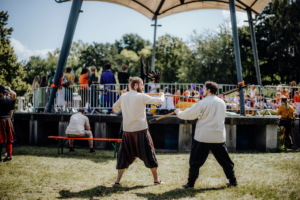 Zwei Männer in historischen Kostümen führen eine Schwertkampf-Demonstration auf der Bühne des Elbenwald Festivals durch, während das Publikum im Hintergrund zuschaut. Die Veranstaltung kombiniert Musik und Nerd-Kultur in einer lebhaften Atmosphäre.