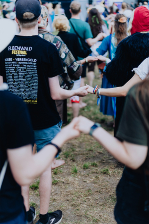 Historische Tänze Hände von Festivalbesuchern, die sich beim Elbenwald Festival halten. Teilnehmer in bunten Kostümen stehen in einer Reihe und verbinden sich, während sie die Atmosphäre der Musik- und Nerdkultur genießen.
