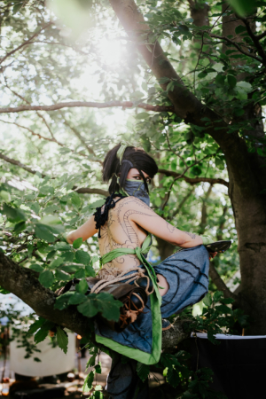 Eine Person in einem kreativen Kostüm sitzt auf einem Baum während des Elbenwald Festivals. Die Figur hat einen kunstvoll tätowierten Rücken und trägt eine Kombination aus grünen und blauen Stoffen, umgeben von üppigem Blattwerk und sanftem Sonnenlicht.
