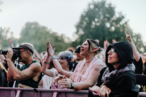 Festivalbesucher beim Elbenwald Festival, die begeistert Musik genießen. Die Menschen zeigen ihre Freude mit Applaus und kreativen Outfits, während sie inmitten einer lebhaften Festivalatmosphäre zusammen feiern.