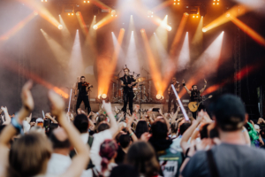 dArtagnan Bühne beim Elbenwald Festival mit einer Band, die live spielt. Die Musiker, ausgestattet mit verschiedenen Instrumenten, unterhalten ein begeistertes Publikum, das mit den Händen in der Luft feiert. Bunte Lichter und Nebel schaffen eine lebendige Festivalatmosphäre.