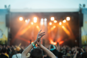 Hände einer begeisterten Menge, die bei einem Auftritt auf dem Elbenwald Festival applaudieren. Im Hintergrund strahlen die Lichter der Bühne in warmen Farben und schaffen eine lebendige Festivalatmosphäre.