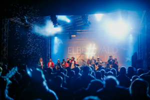 #zweiraumsilke Bühne beim Elbenwald Festival mit Band, umgeben von begeistertem Publikum. Bunte Lichter und Nebel sorgen für eine festliche Atmosphäre. Die Veranstaltung kombiniert Musik und nerdige Elemente in einer einzigartigen Feier für Fans.