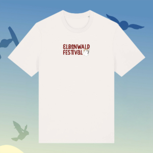 Fight for the Party T-Shirt - Elbenwald Festival Weißes T-Shirt mit dem Aufdruck "ELBENWALD FESTIVAL" in roter Schrift und einer grafischen Darstellung eines Geistes, vor einem sanften Farbverlauf aus Blau und Gelb, ideal für Fans von Musik und Nerd-Kultur.