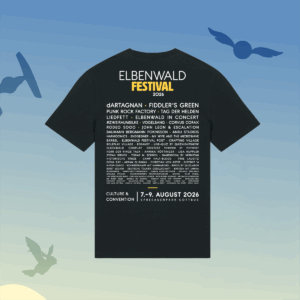 Ghost Line Up T-Shirt - Elbenwald Festival 2026 T-Shirt des Elbenwald Festivals 2026 mit Künstlern und Programminformationen, inklusive dArtagnan, Fiddler's Green und vielen weiteren. Das Festival findet vom 7. bis 9. August 2026 im Spreeauenpark Cottbus statt.