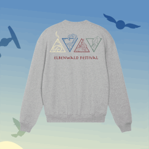 Grauer Pullover mit dem Logo des Elbenwald Festivals auf dem Rücken, das verschiedene Symbole in dreieckiger Form zeigt. Ideal für Fans von Musik, Fantasy und Nerdkultur. Perfekt für den Besuch von Festivals und Conventions.