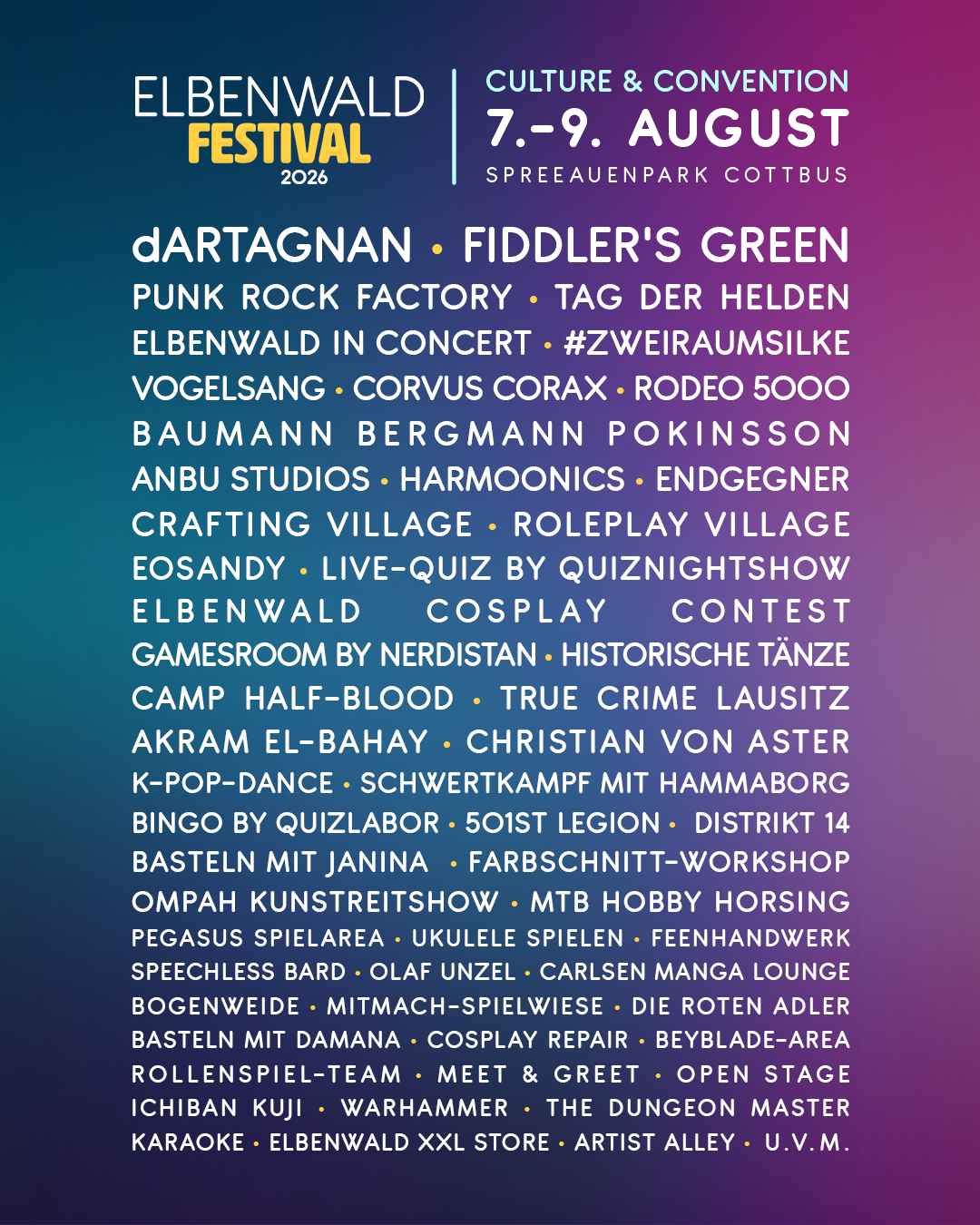 Alt-Text: Übersicht der Künstler und Programmpunkte des Elbenwald Festivals 2026, das vom 7. bis 9. August im Spreeauenpark Cottbus stattfindet. Enthält Musikacts, Workshops, Cosplay-Wettbewerbe und interaktive Aktivitäten für Fans der Popkultur.